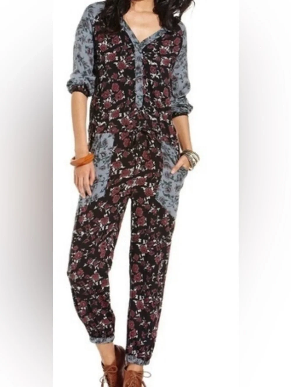 Free People Sheila Patchwork Black Floral Jumpsuit, Size Small - Picture 2 of 7